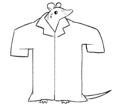 A tall mouse in a trench coat looks nervous